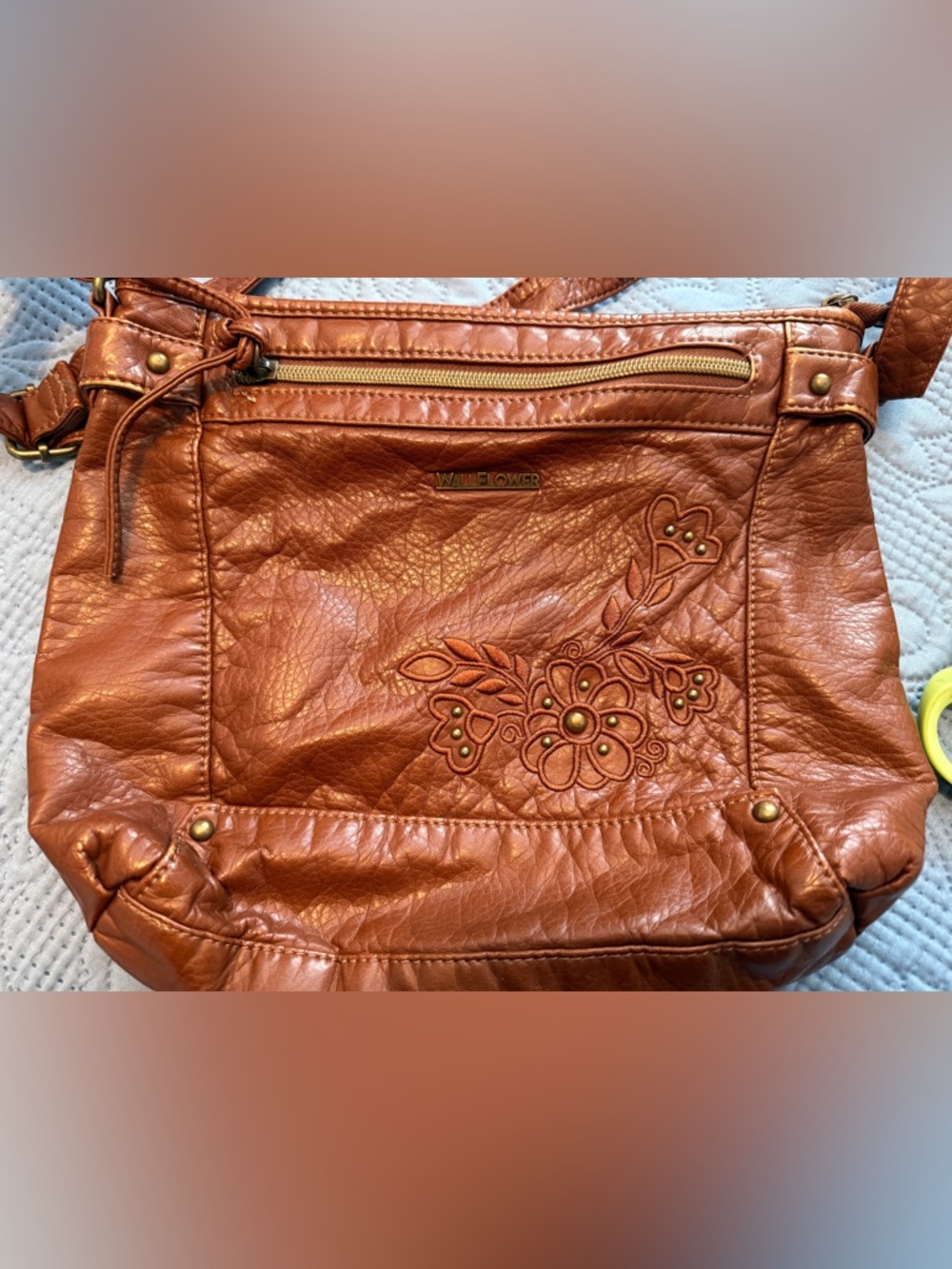 Wallflower Cognac Floral Embossed Shoulder Bag